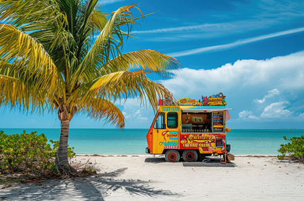 A food truck is parked on a sandy be, a Photo by Iftikhar Alam