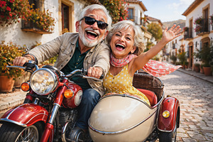 Happy elderly couple on a vintage mo, a Person Photo by angellodeco