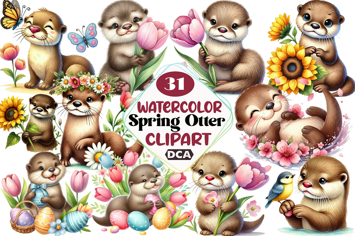 Watercolor Spring Otter Clipart, an Illustration by DreamCafeArt (Photo 1 of 3)