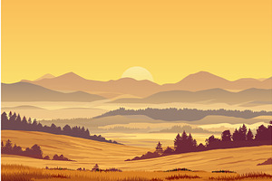 View of the valley at golden hour of, an Illustration by LadadikArt