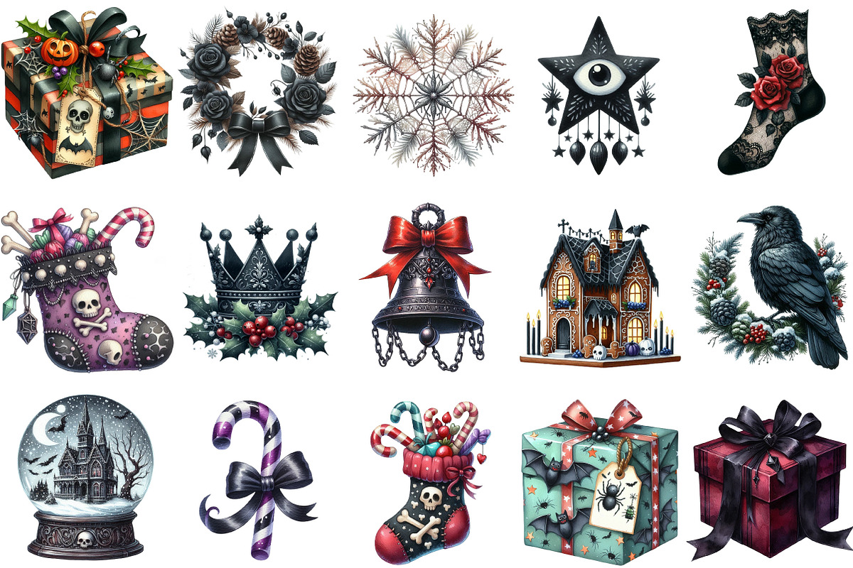 Gothic Christmas Watercolor Clipart, an Illustration by Designking (Photo 3 of 5)