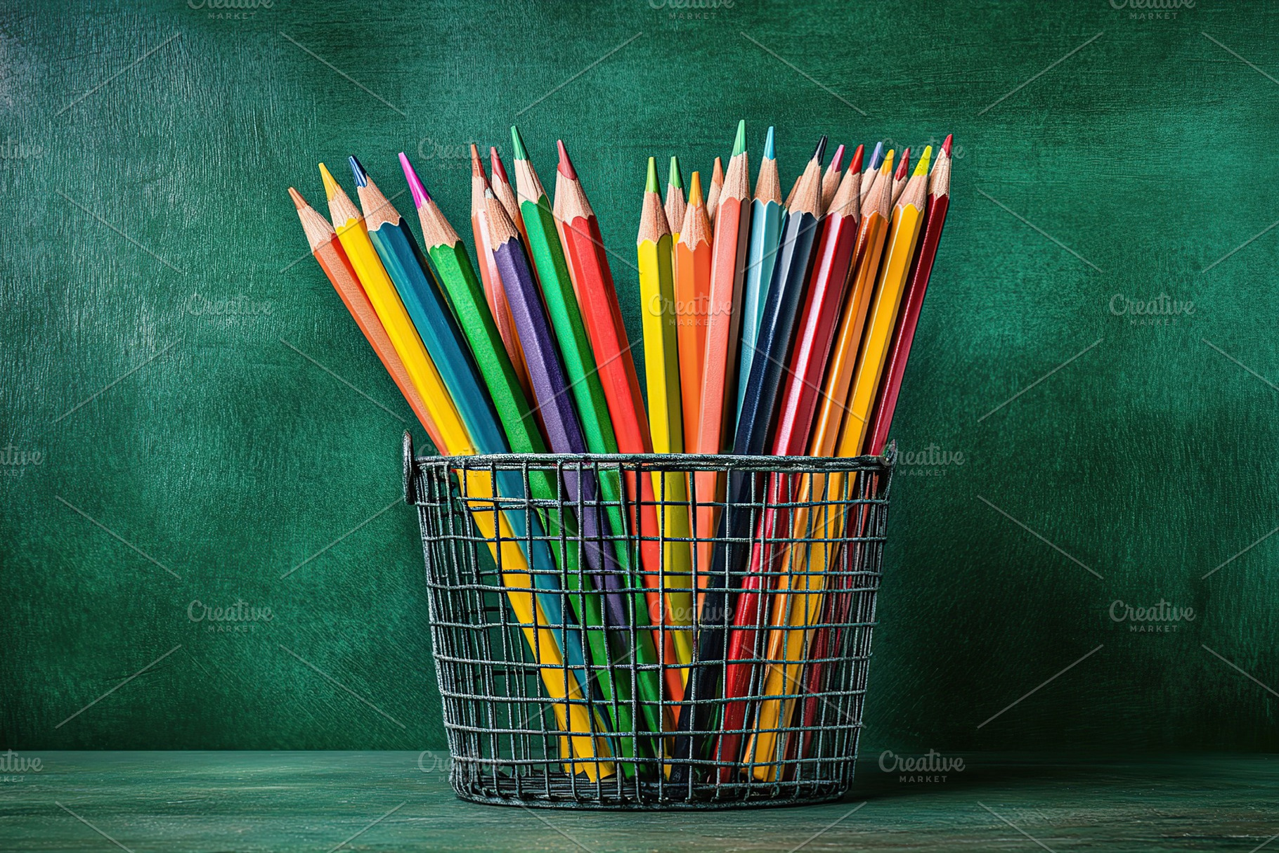 Wooden colorful rainbow pencils in bucket on wooden table, a School & Education Photo by AlyaAnd
