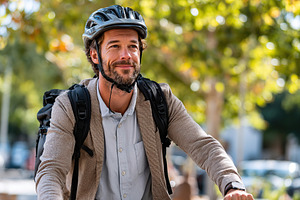Man biking to work in a leafy park on a sunny morning while wearing a helmet, a Person Photo by AlyaAnd