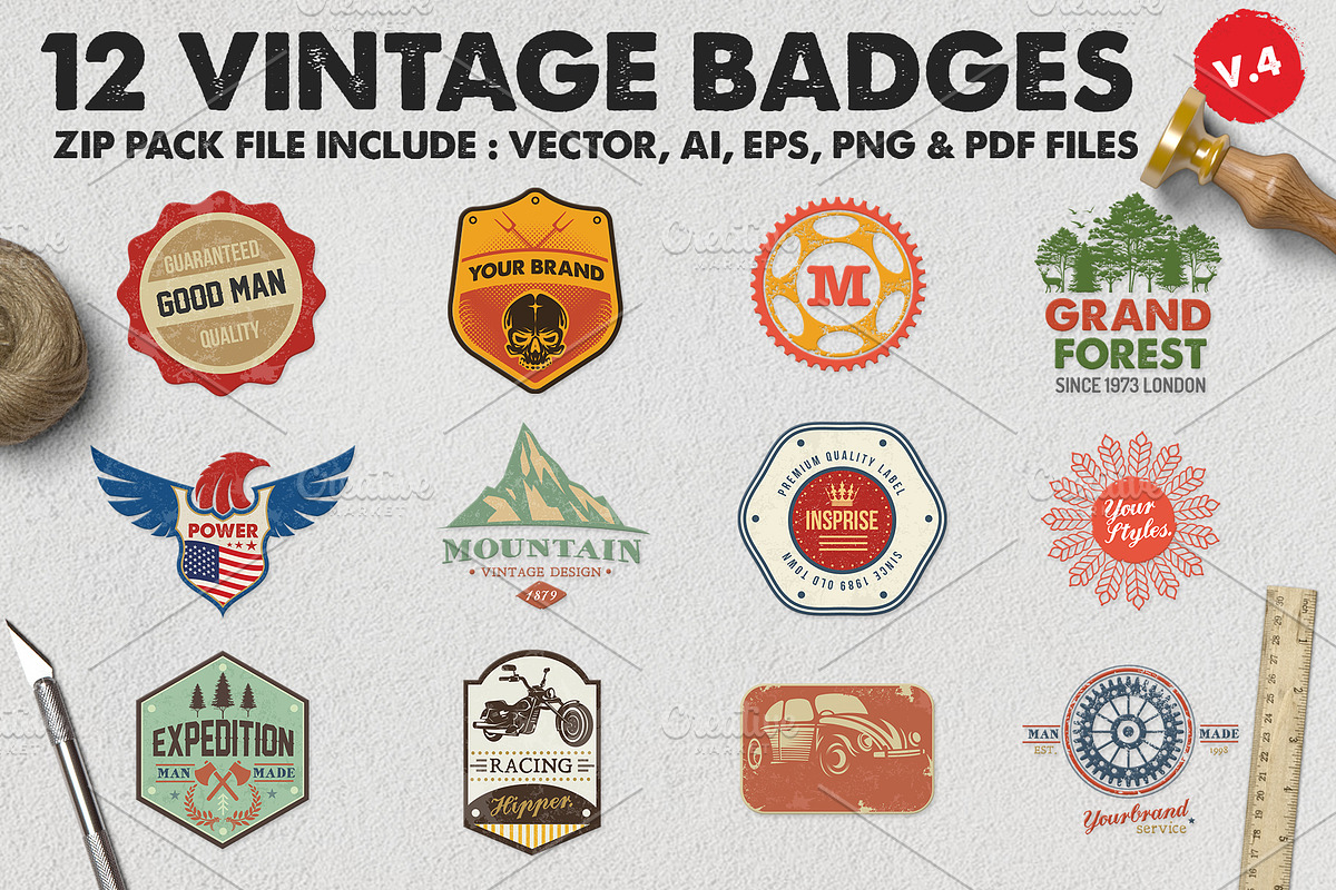 12 Vintage Badge Logos Version 4, a Branding & Logo Template by Graphicgo (Photo 1 of 6)