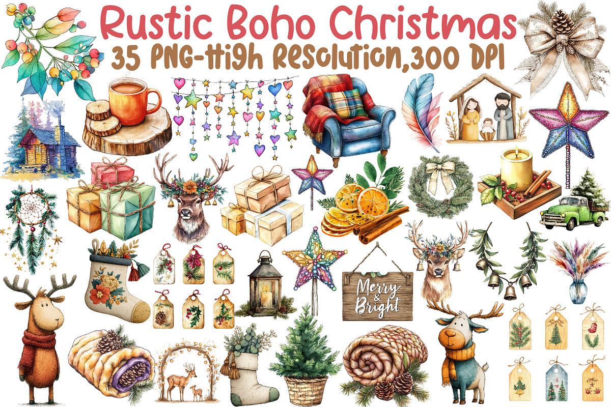 Rustic Boho Christmas Clipart, an Illustration by Sublimation Artist (Photo 1 of 6)