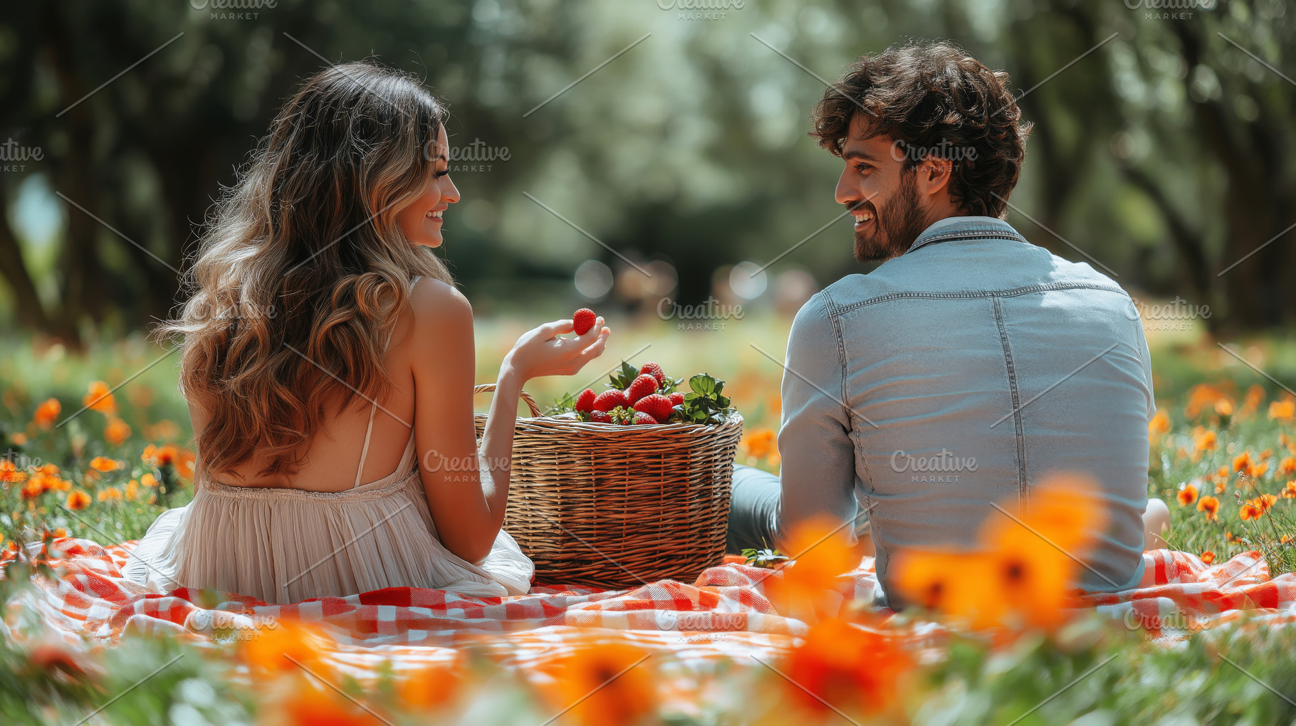 A joyful couple enjoying a picnic in a vibrant field, surrounded by flowers, sh, a Person Photo by ImageMir