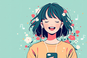 Young woman happily listening to music with headphones and floral illustration., an Illustration by AS photostudio