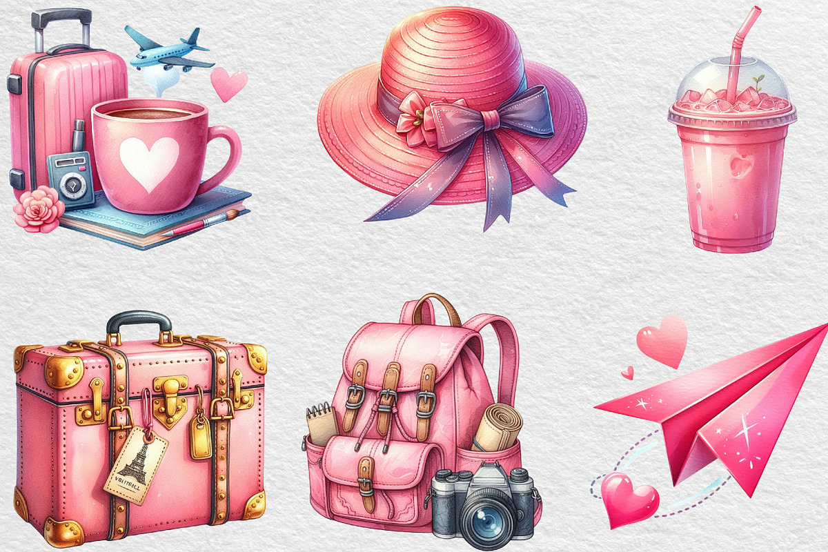 Watercolor Pink Travel Clipart, an Illustration by Black Bird Studio (Photo 5 of 6)