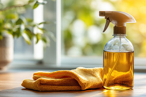 Glass spray bottle with natural cleaning solution and yellow mic, a Beauty & Fashion Photo by José Manuel Gelpi