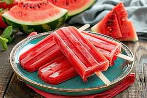 Ice cream popsicles with watermelon in plate on wooden background, a Food & Drink Photo by AlyaAnd