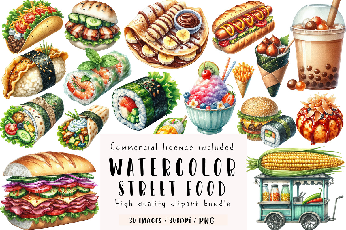 Watercolor Street Food Clipart, an Illustration by CreationArt (Photo 1 of 5)