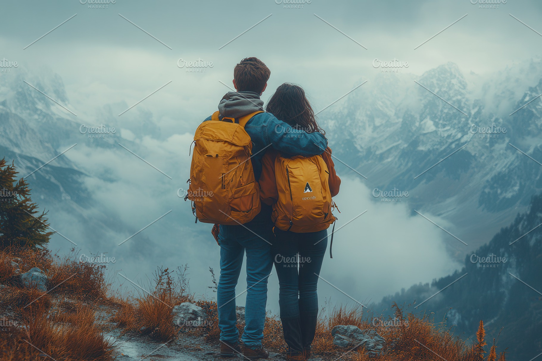 Couple enjoys breathtaking mountain, a Photo by Tanuart