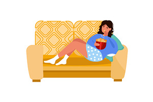 Woman eating nuggets lying on sofa, a Person Illustration by vectorpointstudio