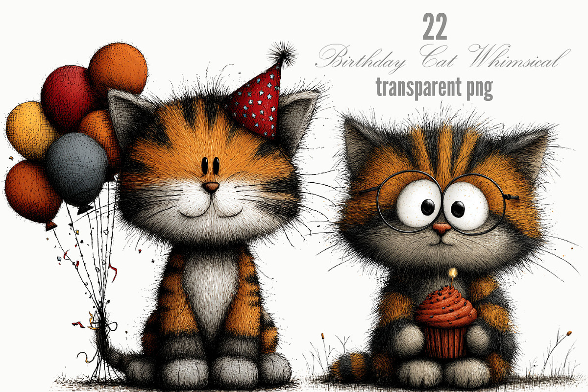 Birthday Cat Whimsical Clipart, an Animal Illustration by Designking (Photo 1 of 5)