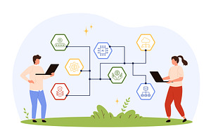 Tiny People Managing IT Project, a Technology Illustration by Flashvector