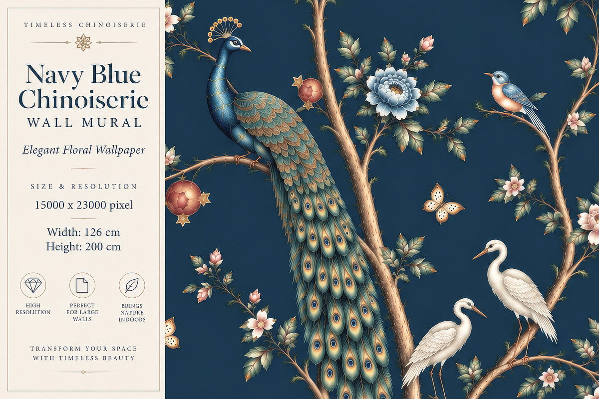 Navy Blue Chinoiserie Wall Mural, a Wallpaper Graphic by by creative paper (Photo 2 of 20)