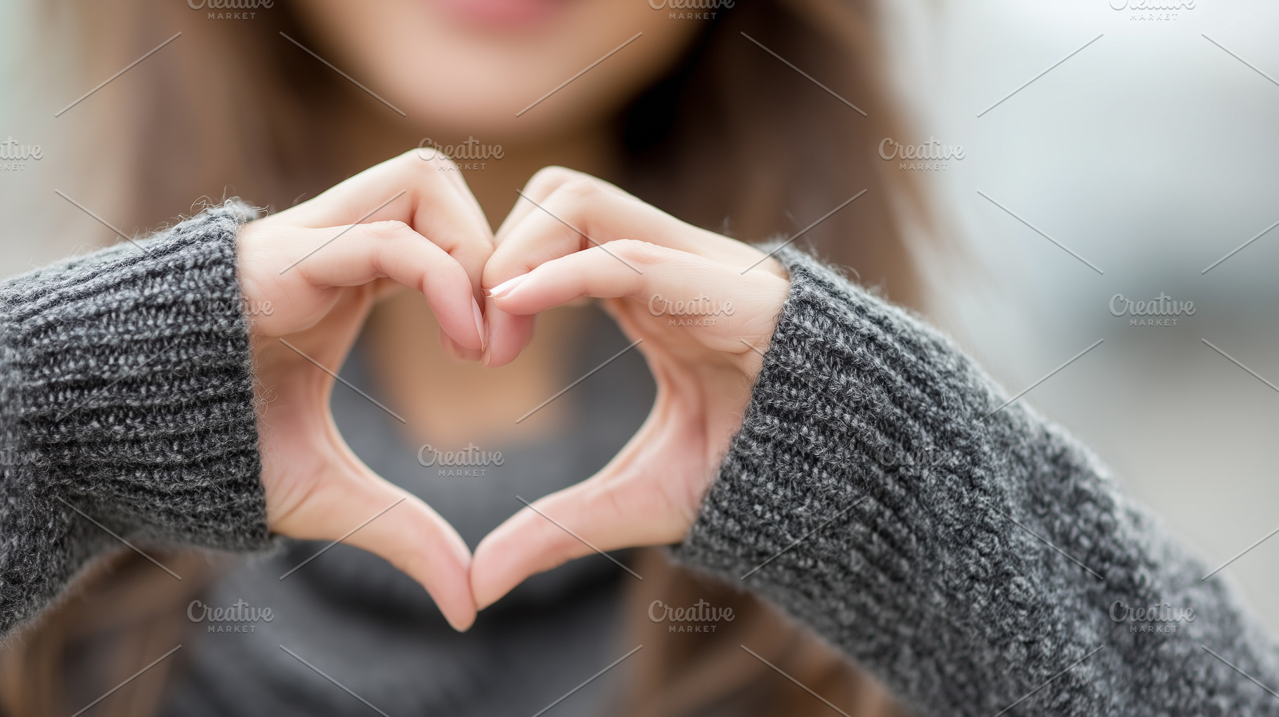 Woman in a cozy sweater forms heart, a Person Photo by MistyDay