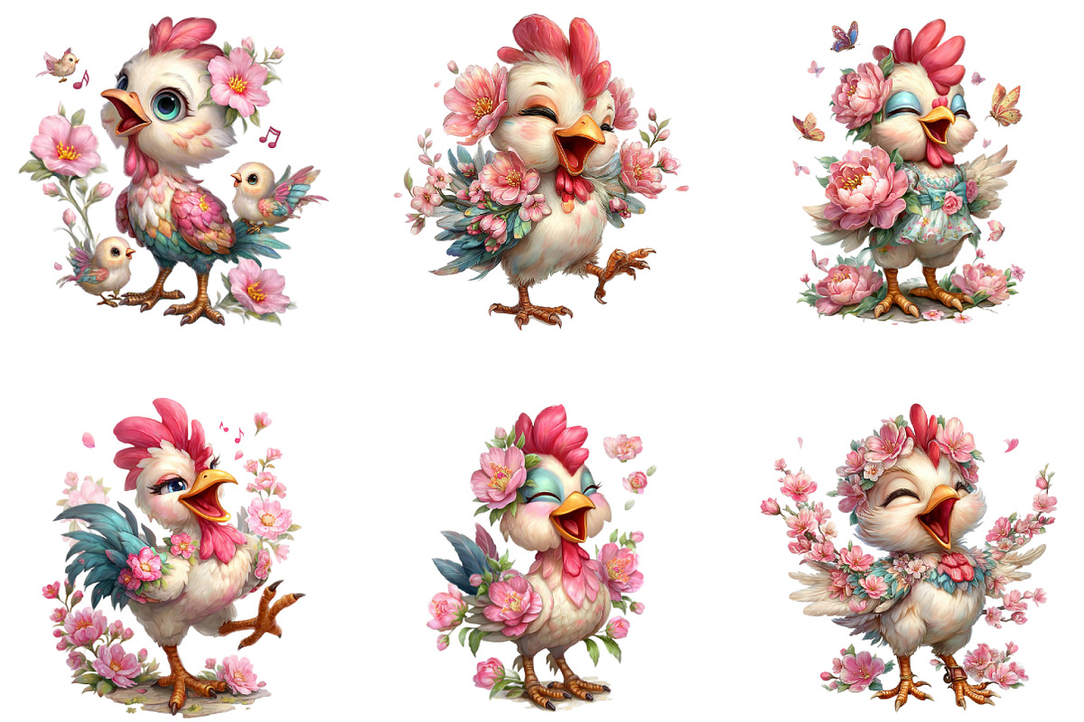 Floral Chicken Singing Farm Clipart, an Illustration by CraftArtStudio (Photo 5 of 6)