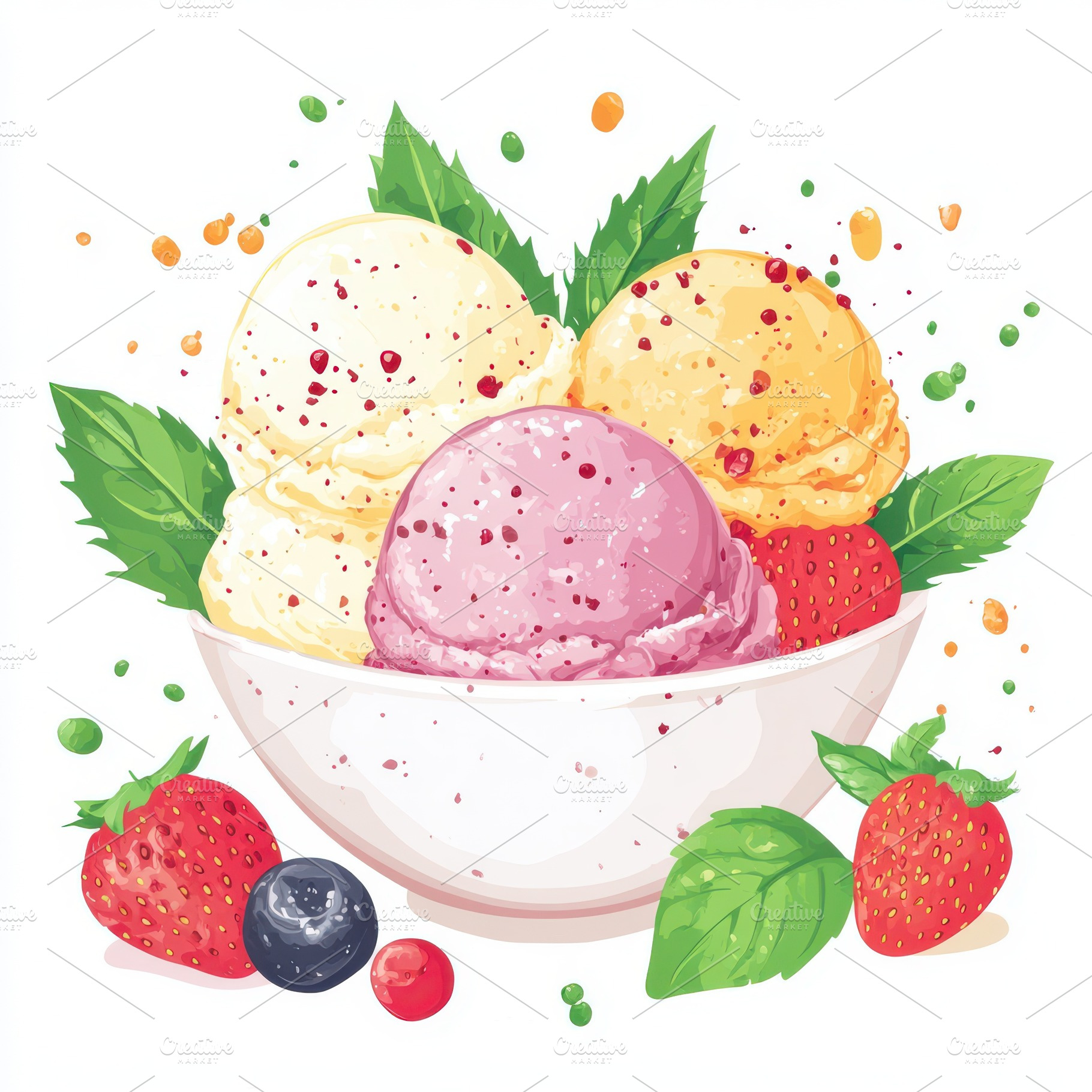 Fresh fruit, scoops of colorful crea, a Food & Drink Photo by Pixeness Studio