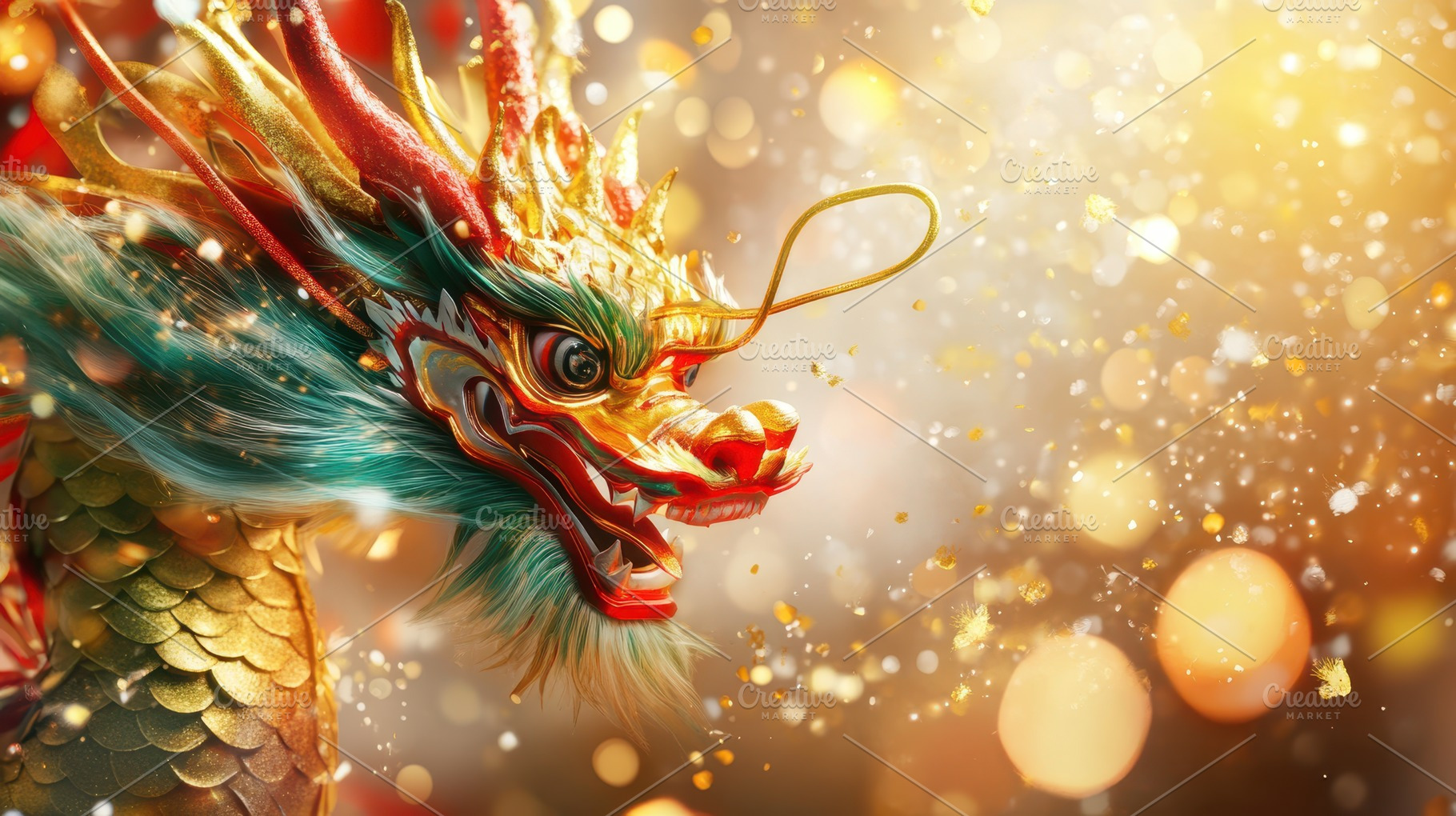 A vibrant Chinese dragon in gold, red, and green scales, surrounded by shimmeri, a Holiday Photo by Mashimara