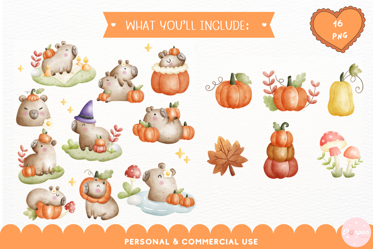 Capybara Clipart, Pumpkin Clipart, a Seasonal Illustration by ponponartwork (Photo 2 of 5)