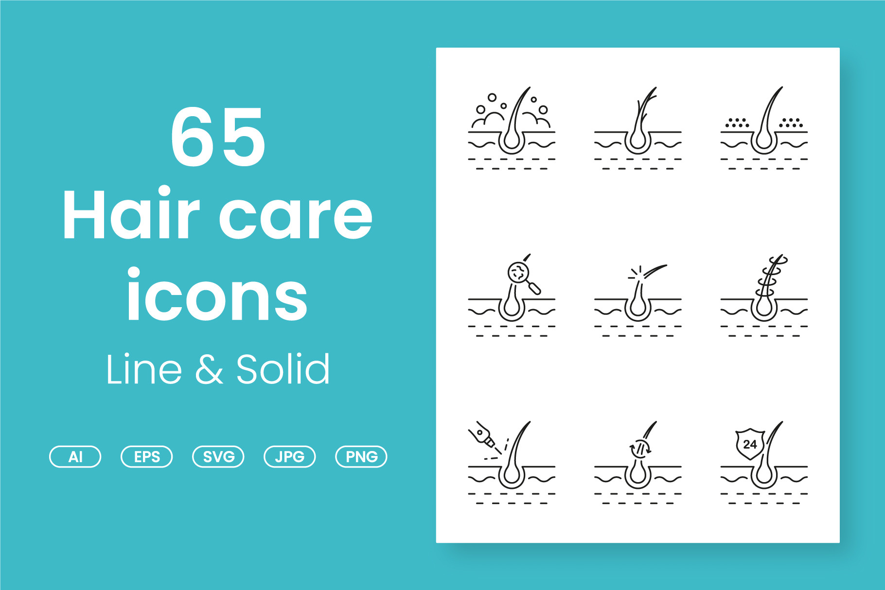 Hair Care Line and Solid Icons Set