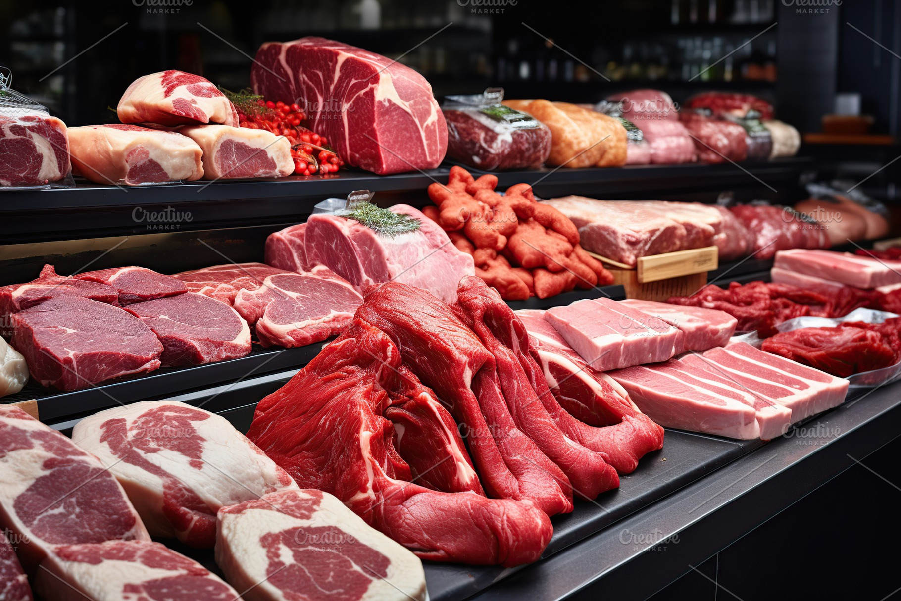 Assortment of raw meats on the market counter, a Food & Drink Photo by AlyaAnd