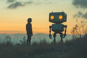 A silhouette of a person standing next to a friendly-looking robot at sunset. T, a Person Photo by Textures & Backgrounds