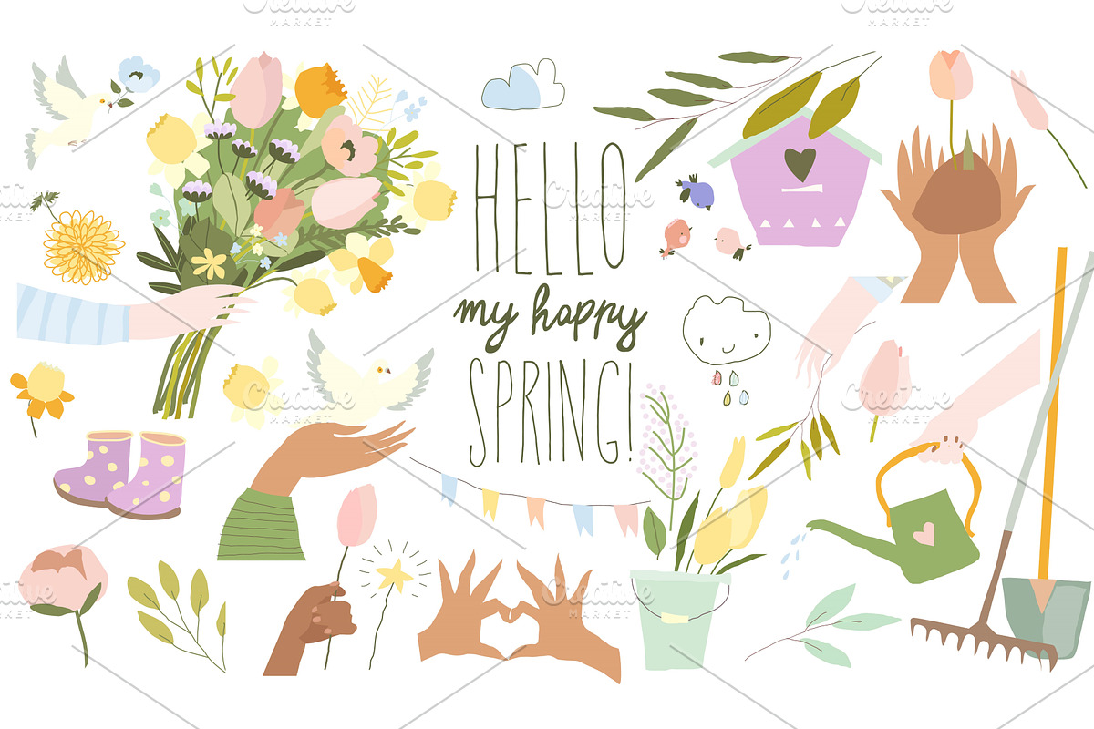 Cartoon Set with Hands and Bouquets, an Object Illustration by Maria Starus