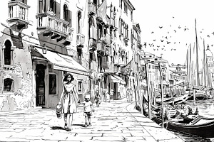 Illustrated cityscape with people strolling near boats in a serene urban canal, an Illustration by AS photostudio