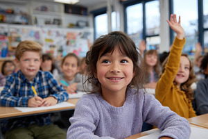 Girl raises hand in classroom happy, a Photo by Pixeness Studio