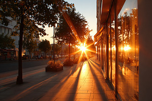 Beautiful sunset casts golden rays down a city sidewalk lined with trees and st, a Photo by AlyaAnd