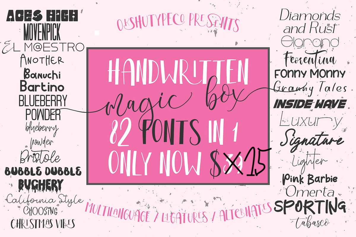 Unique 82in1 Handwritten font, a Handwritten Font by Alexander Tiunov (Photo 1 of 54)