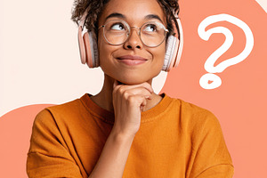 Thoughtful young woman with headphones and question mark, a Person Photo by AlyaAnd