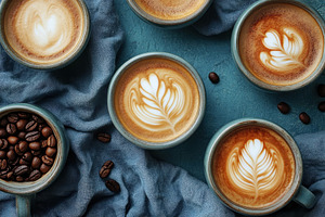 Warm cups of coffee with intricate l, a Photo by Tanuart