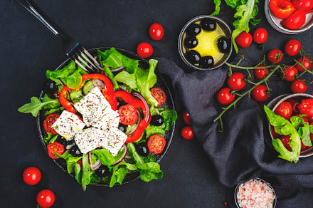 Greek salad with feta cheese, black olives, tomatoes, paprika, c, a Food & Drink Photo by 5PH