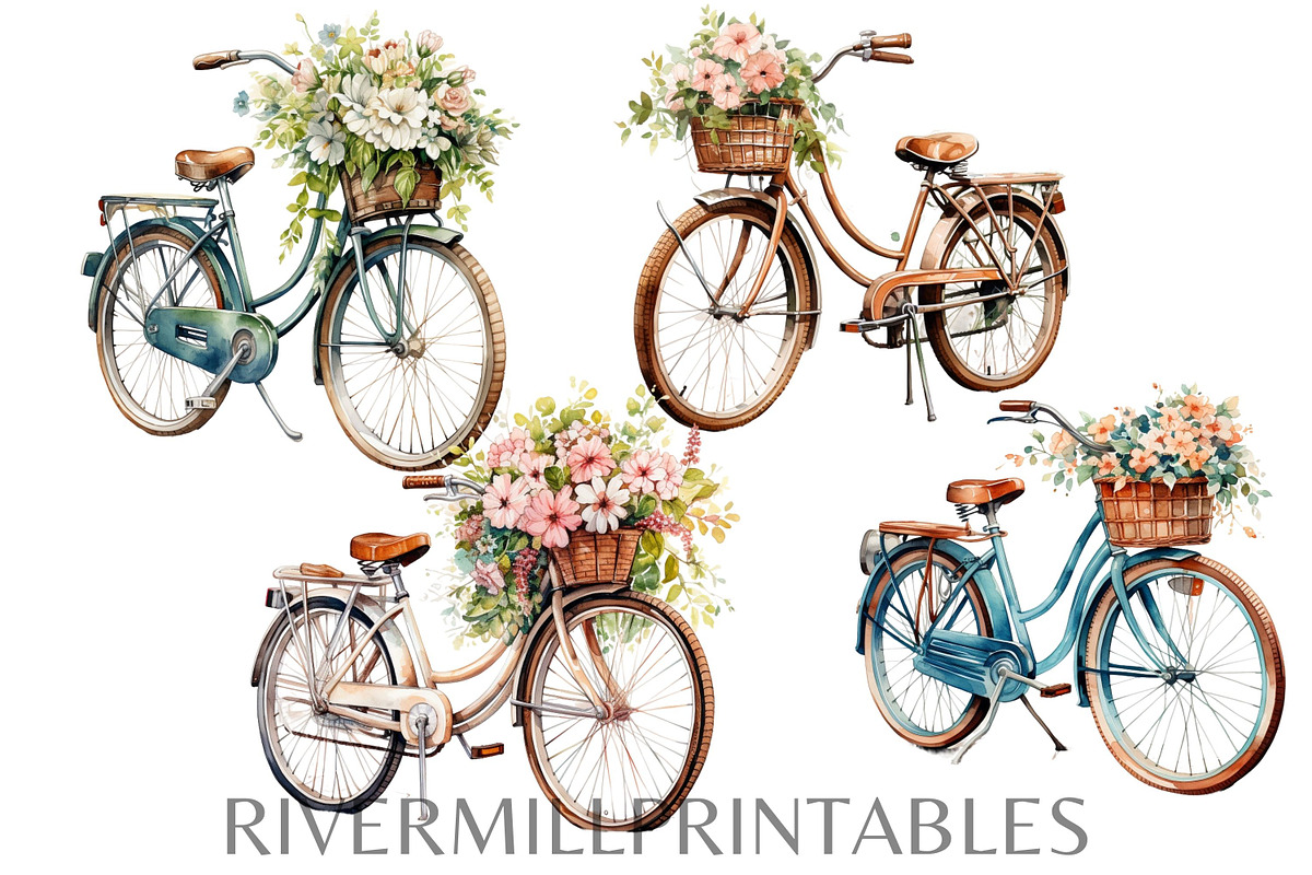 Vintage Bicycles & Flowers Clipart, a Transportation Illustration by Rivermill Printables (Photo 2 of 4)
