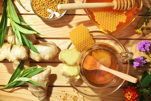 Natural herbal beverage with honey and ginger with ingredients, a Food & Drink Photo by Davizro's Market