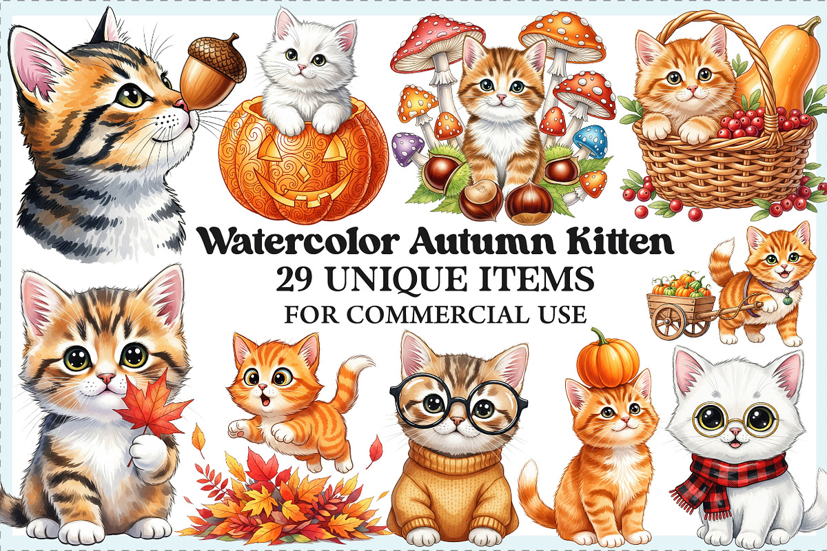 Watercolor Autumn Kitten Clipart, an Illustration by Craft Nest (Photo 1 of 6)