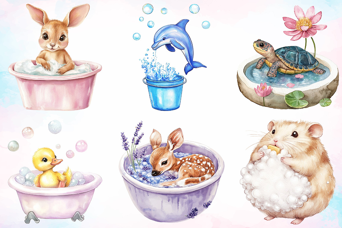 Watercolor Bath Time Animals Clipart, a Seasonal Illustration by Canvas Craft (Photo 2 of 3)