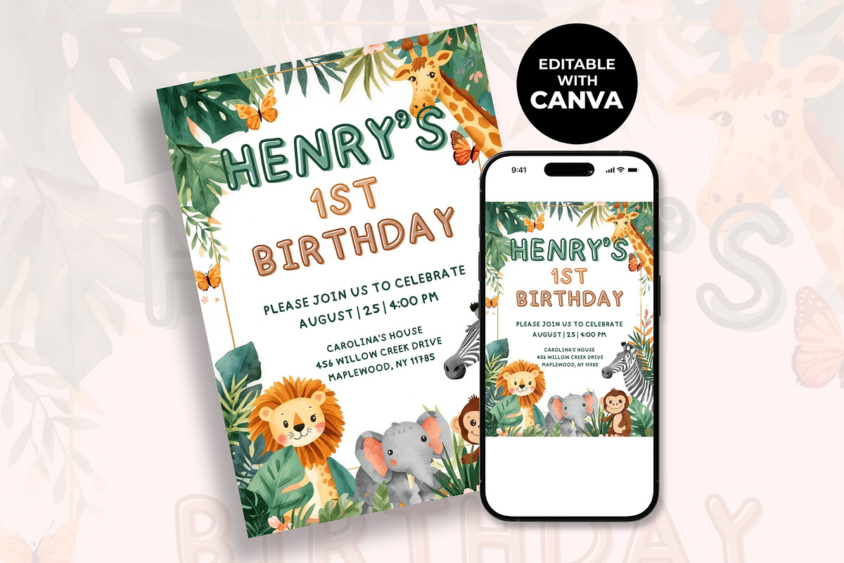 Safari First Birthday Invitation, an Invitation Template by M9 Design (Photo 2 of 4)