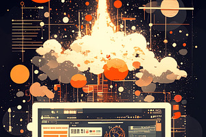 Rocket launch and laptop visualization representing innovation and technology c, a Photo by AS photostudio