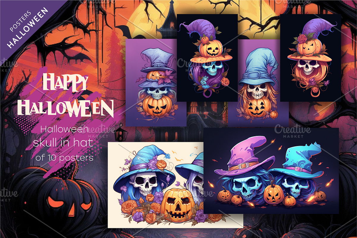Set Halloween Skull posters. Clipart, a Decorative Illustration by KENO Mascots (Photo 1 of 5)