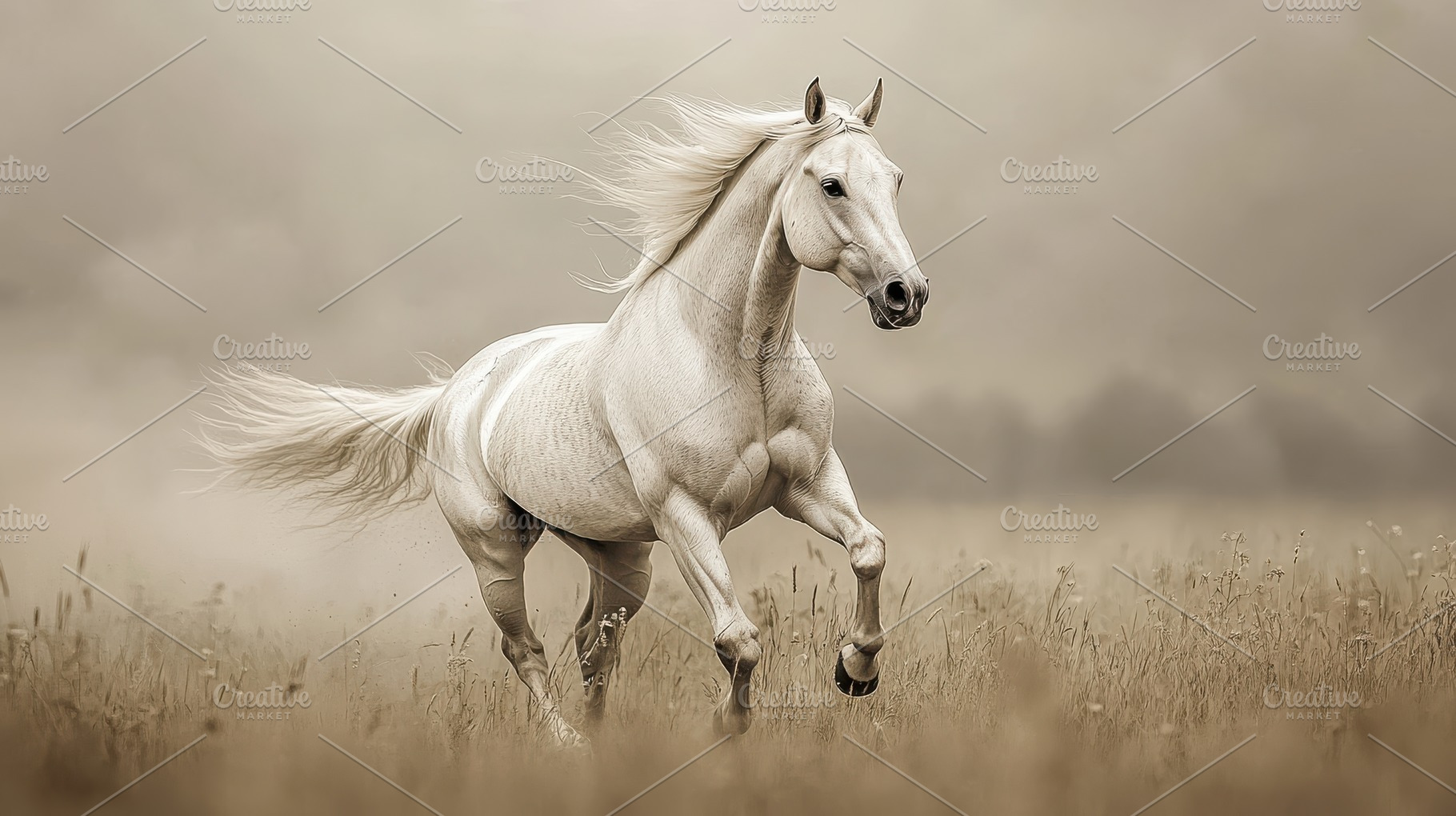 Majestic white horse galloping grace, an Animal Photo by Pixeness Studio