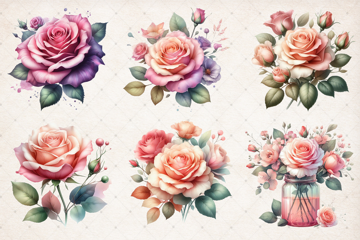 Watercolor Romantic Roses Clipart, an Illustration by SinaCreation (Photo 3 of 5)