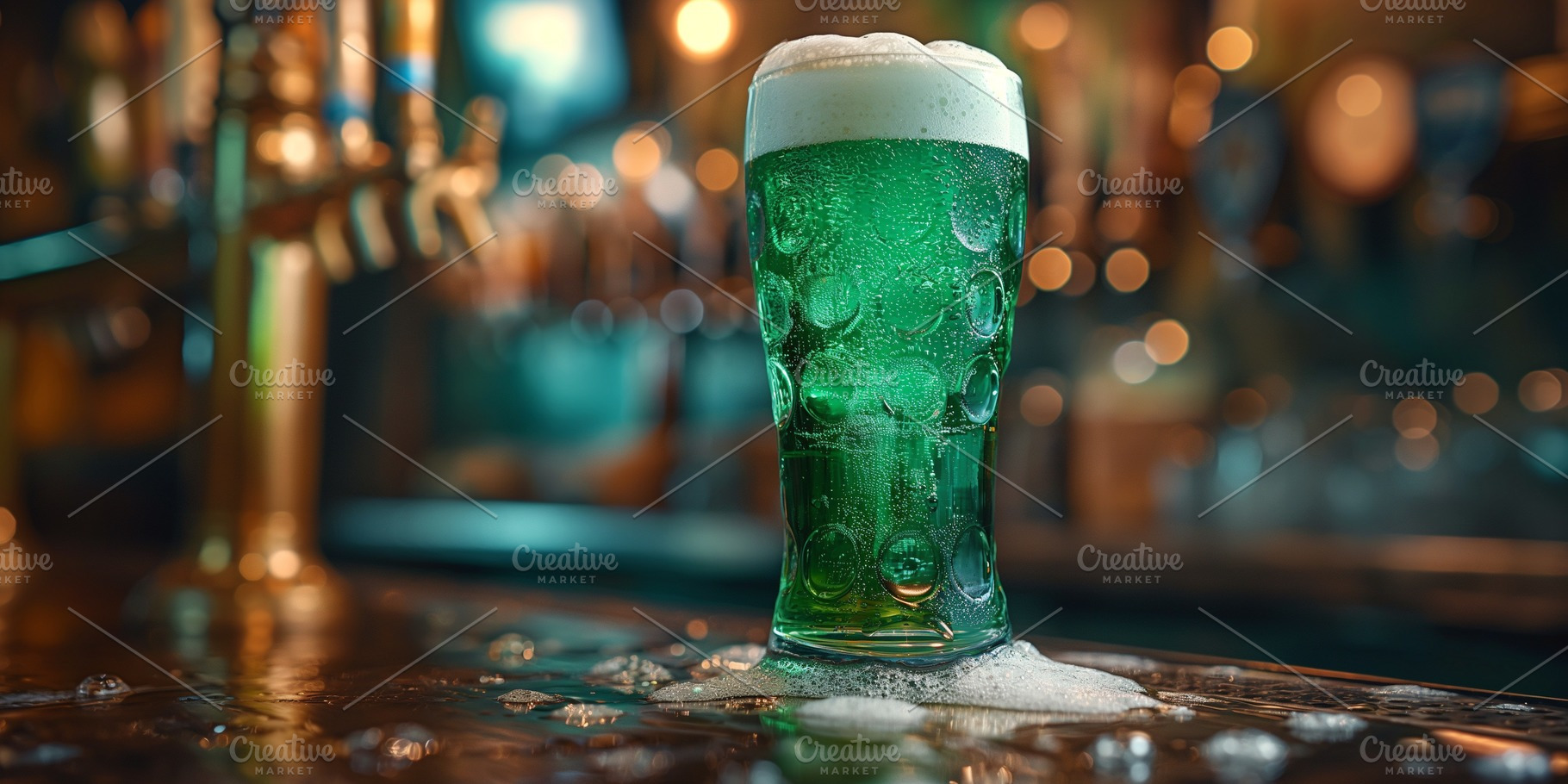 A refreshing glass of green beer with a frothy head, sitting on a bar top, capt, a Background Photo by ImageMir