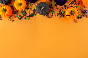 Bright colorful Halloween party accessories and decor background, a Holiday Photo by Rimma
