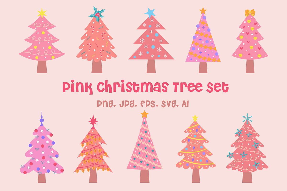 Pink Christmas Tree Set, a Seasonal Illustration by JulyGart (Photo 1 of 6)