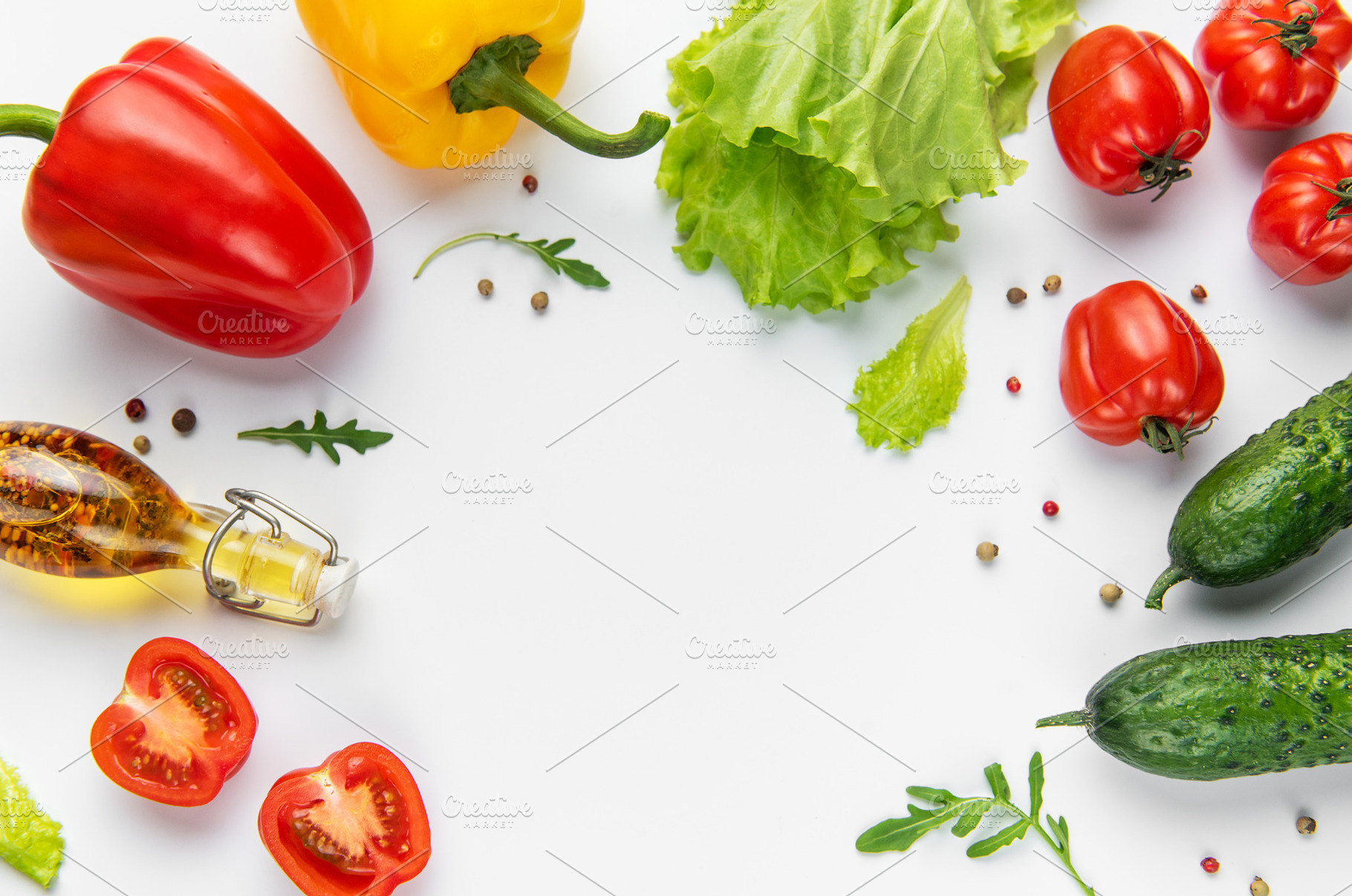 Fresh vegetables and olive oil creating a healthy food border, a Food & Drink Photo by Olena Rudo