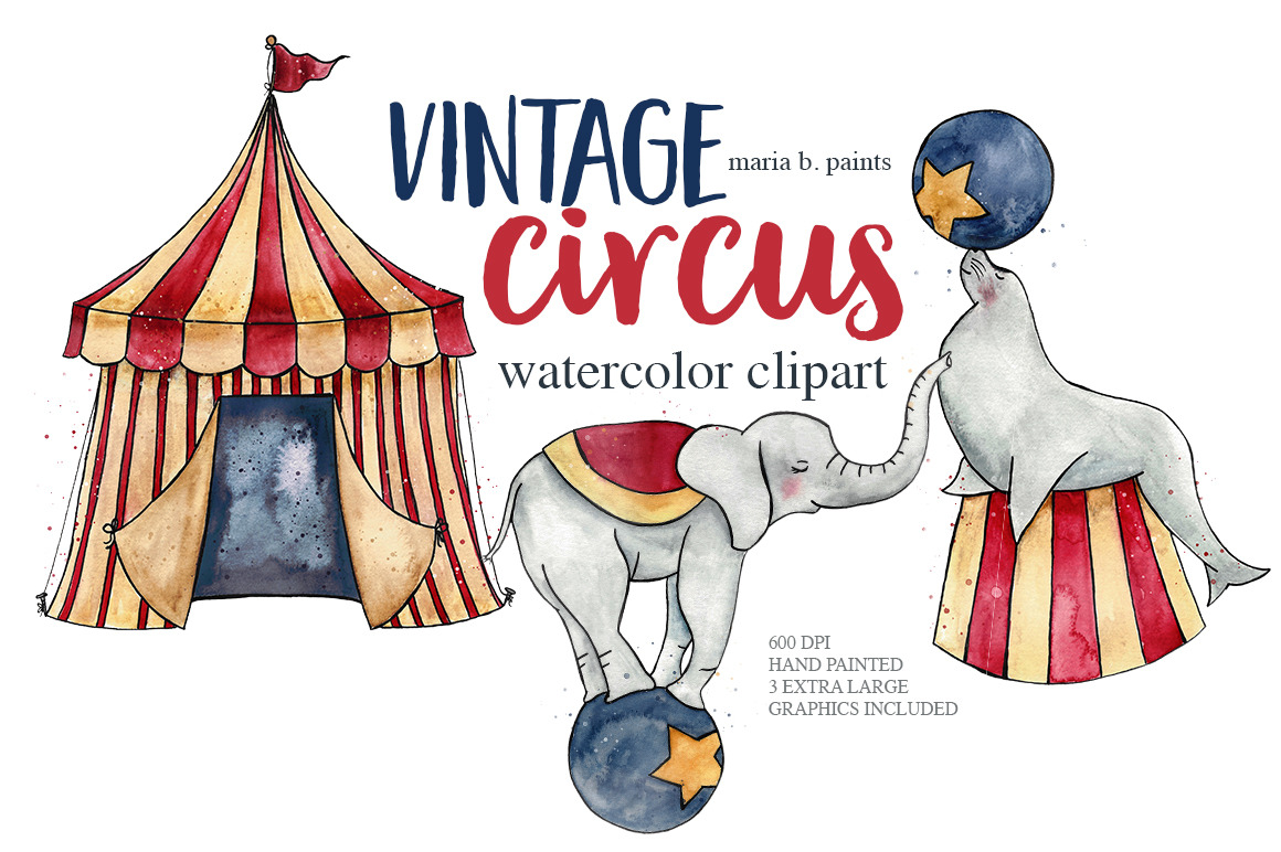 Vintage Circus Watercolor Clipart, an Animal Illustration by Maria B ...